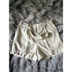 Context 100% Linen High Waisted Belted Pleated Cuffed Shorts Beige Womens Size 8